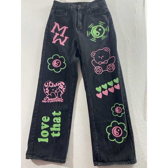 RUMWE Jeans Womens Large12-14 Black Graphic Print unique Gangsta Hip Hop Rare - Picture 4 of 11